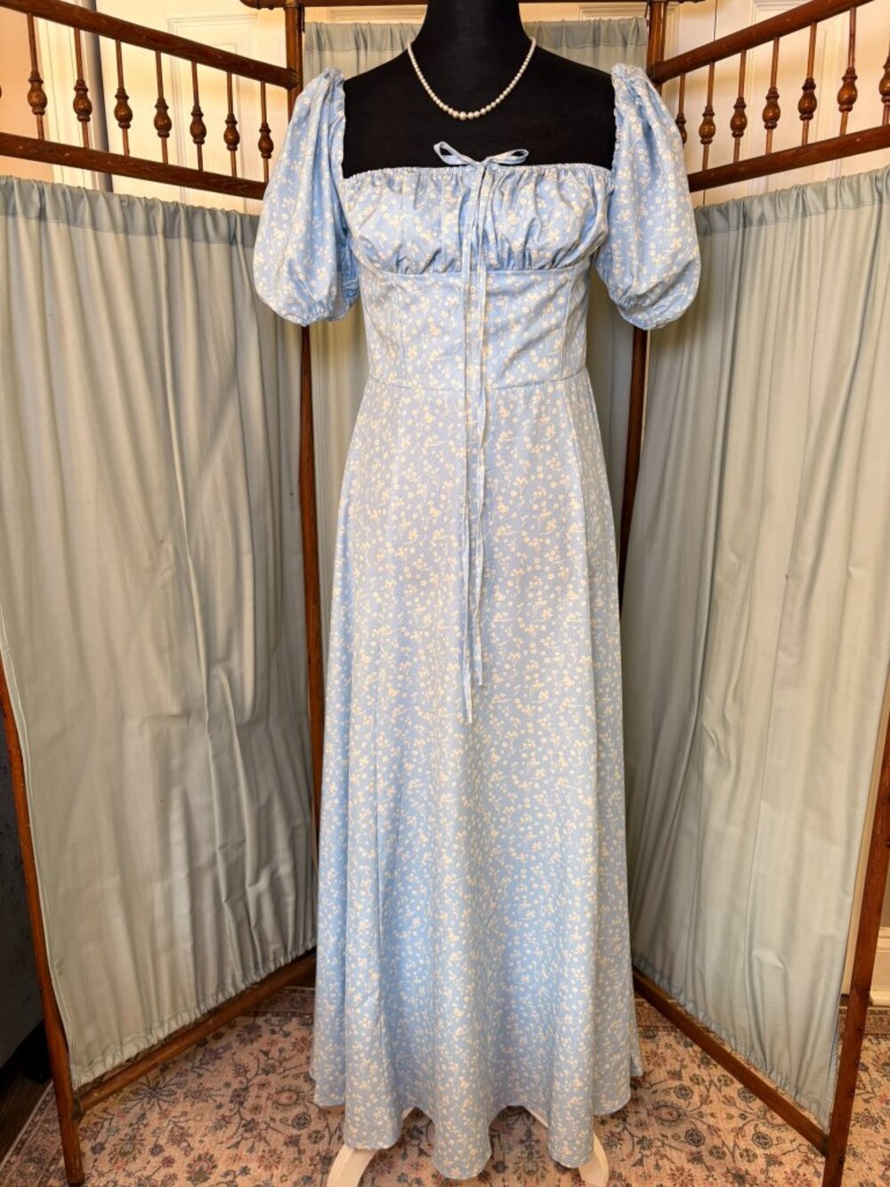 Blue Floral Cottagecore Maxi Dress Puff Sleeve Milkmaid Dress Romantic Summer